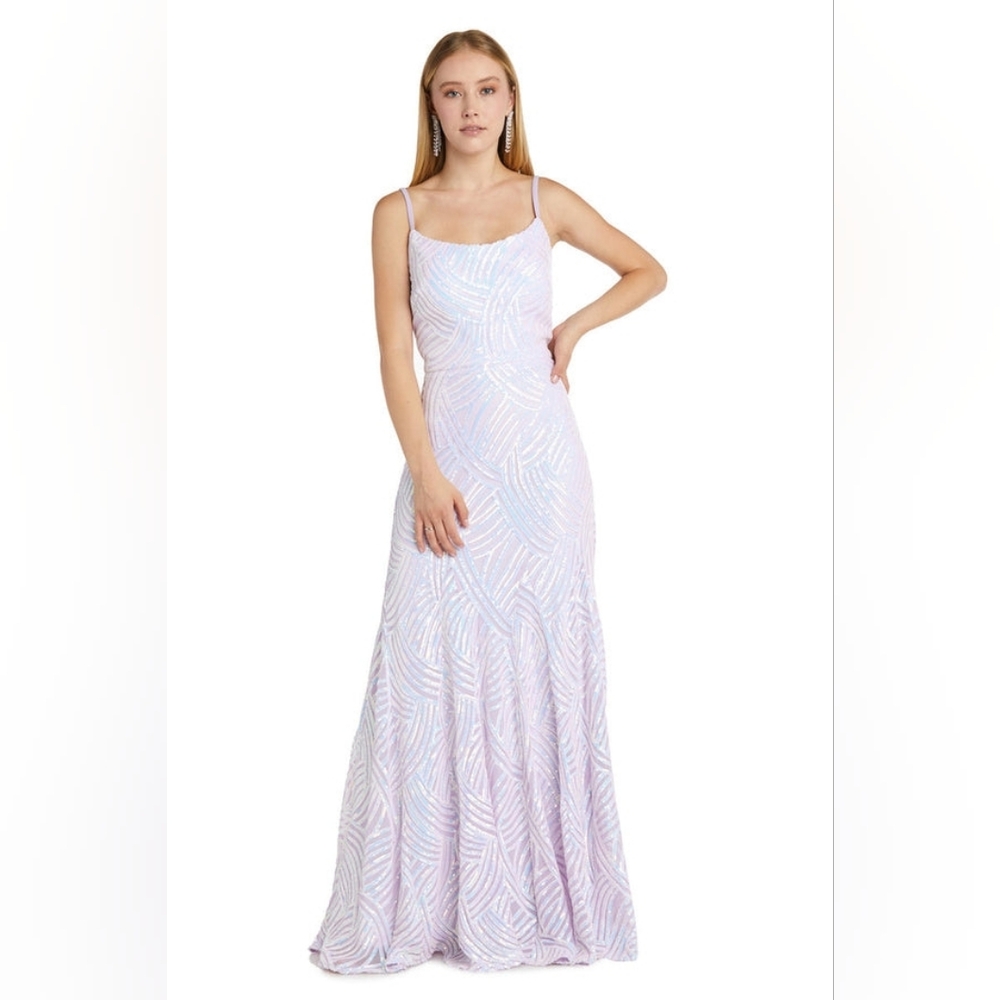 NWT Iridescent Sequin Tie Back Mermaid Gown 14W Lavendar Morgan & Co